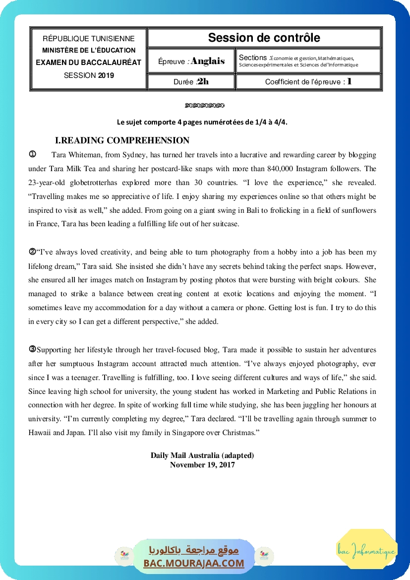 Corrigé controle anglais Bac 2019 – Section info